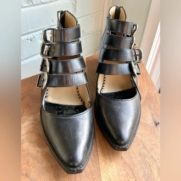 Toga Pulla Buckled Cutout Leather Ankle Boots Black 38 8